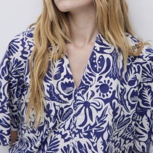 YERSE : Chemise col tunisien floral indigo