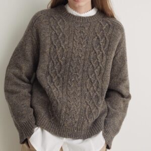 YERSE : Pull torsade en laine mérinos marron