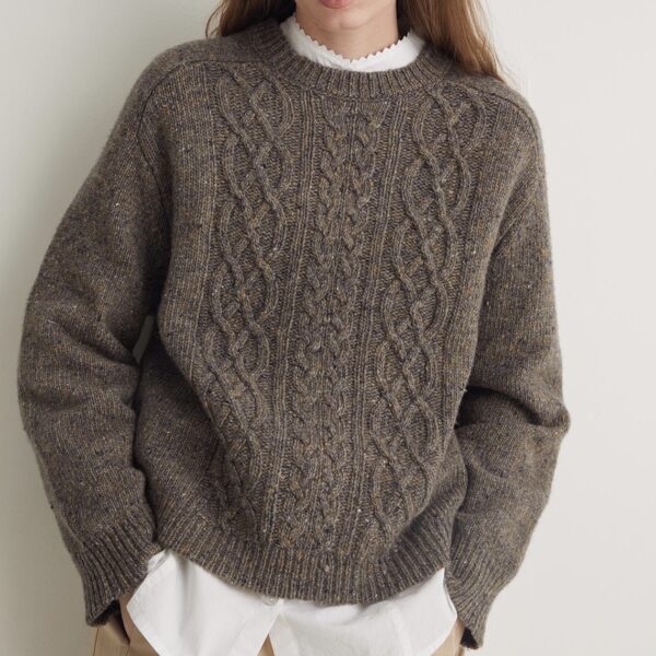 YERSE : Pull torsade en laine mérinos marron
